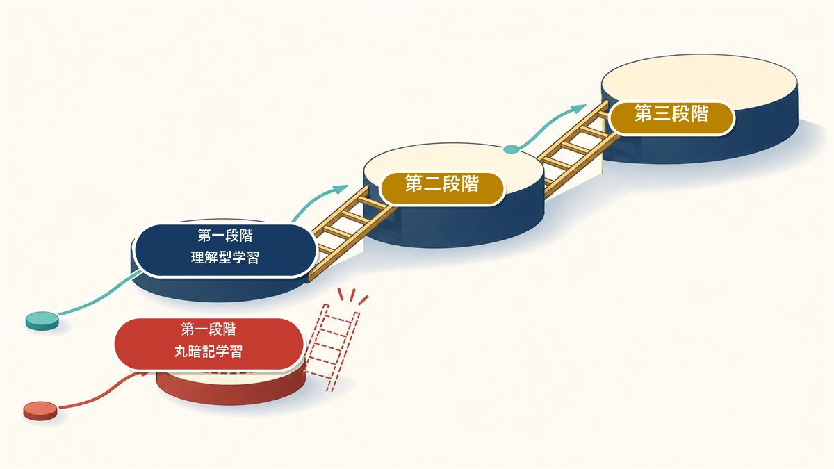 理解した知識を土台に、段階的な学習へ進むことを示す図